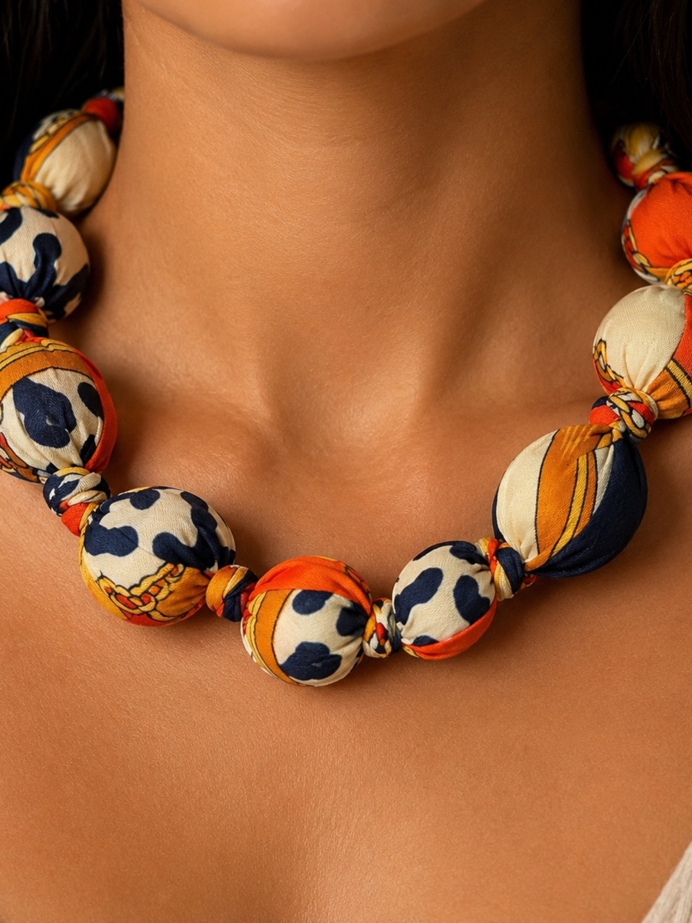 Statement Print Fabric Bubble Bead Necklace | Orange Blue Cream Chunky Fabric